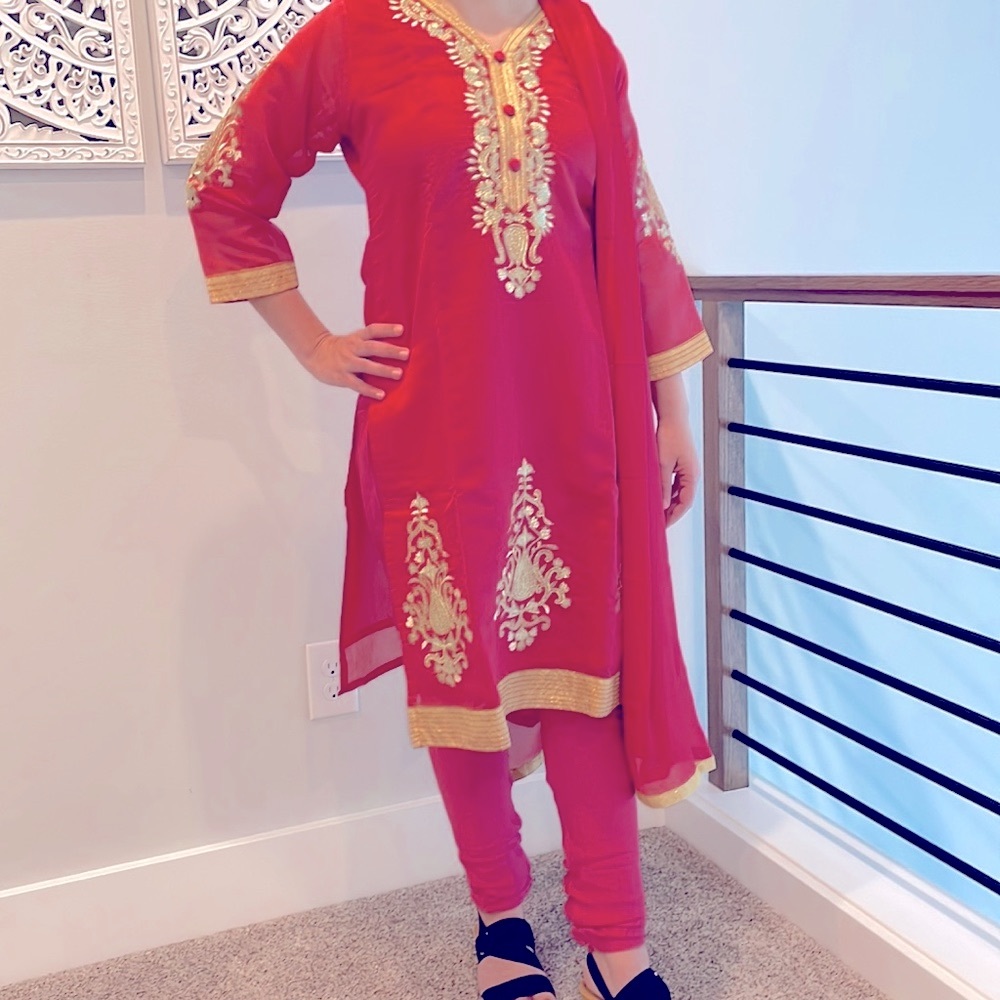 3 piece embroidered Indian kurta set chanderi cotton silk blend pink and gold